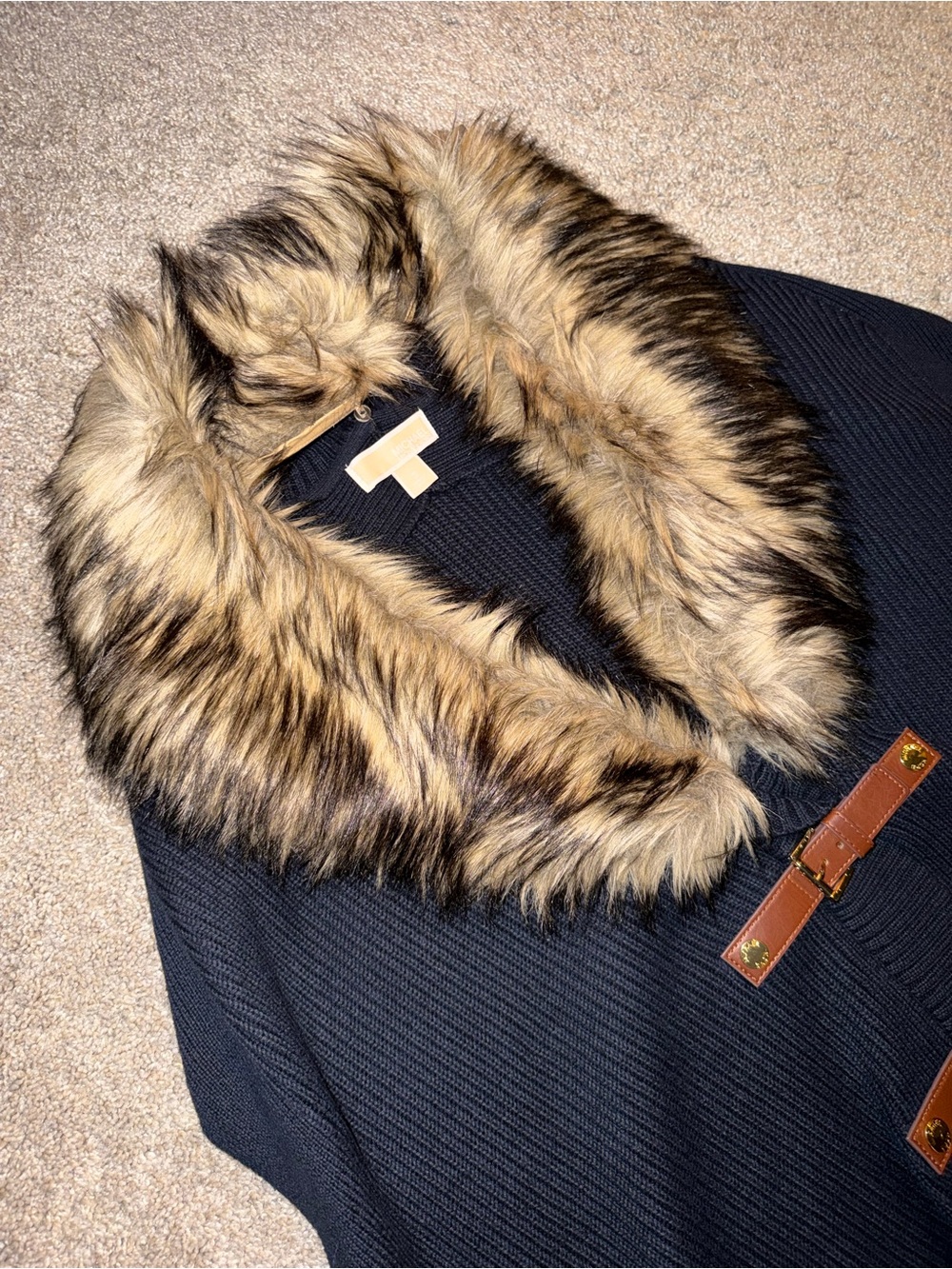 Michael Kors Black Cardigan with Faux Fur Collar and Leather Strap Details